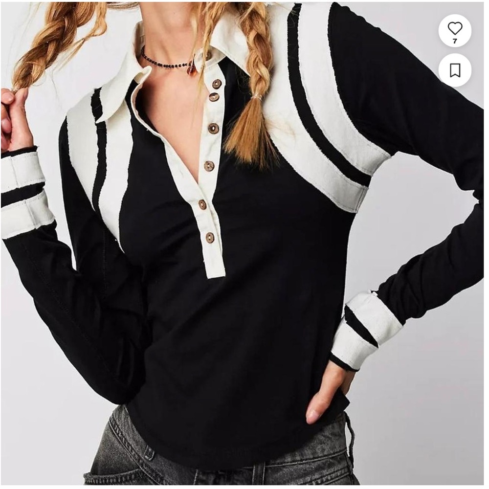 Free People Black and White Long Sleeve Button Down Shirt